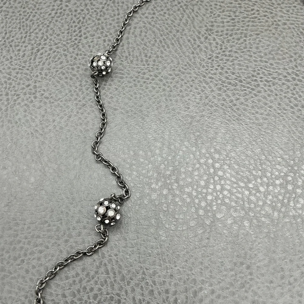 LOFT Necklace Gunmetal Tone Long‎ Chain Pave Crystal Ball Station Womens Jewelry